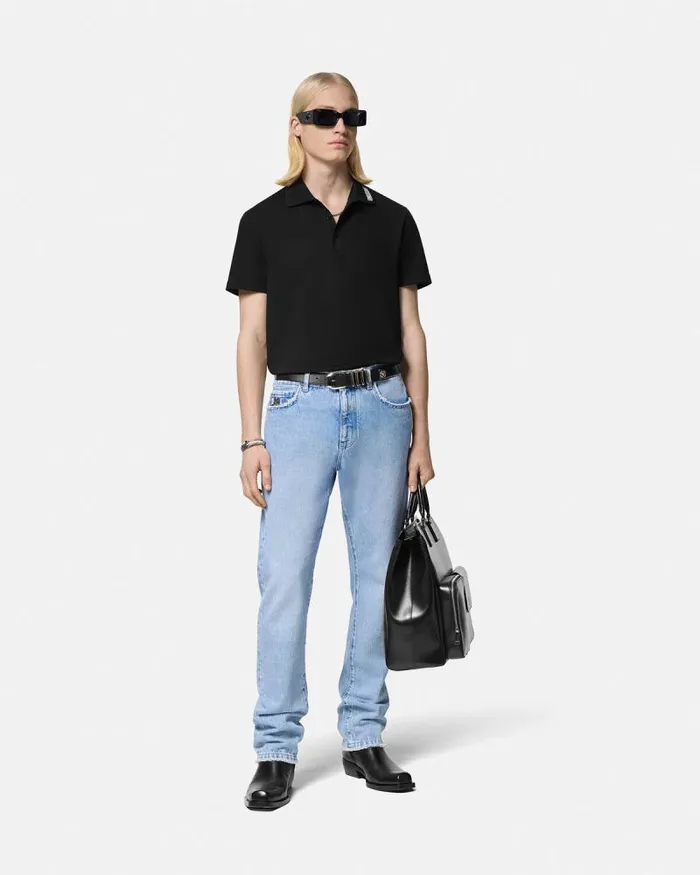 90s Vintage Logo Polo Shirt Black Men Versace TShirts and Polos