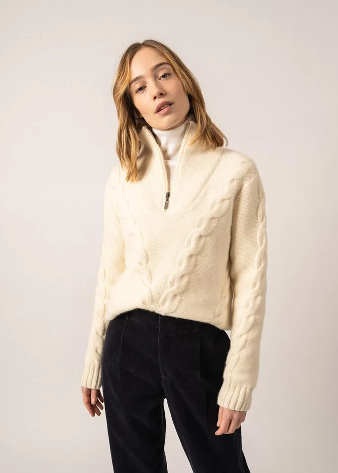 Aberdeen Quarter Zip Trucker Sweater Cable Knit 100 Wool Ivory Women Saint James Breton Sweaters Aberdeen Quarter Zip Trucker Sweater Cable Knit 100 Wool Ivory Women Saint James Breton Sweaters
