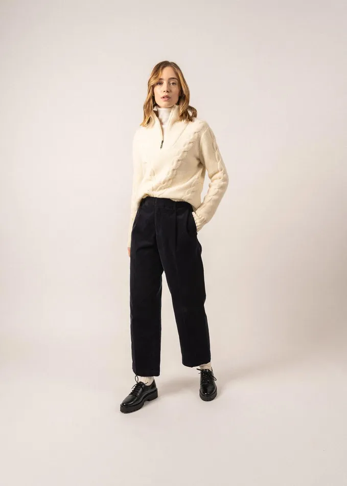 Aberdeen Quarter Zip Trucker Sweater Cable Knit 100 Wool Ivory Women Saint James Breton Sweaters