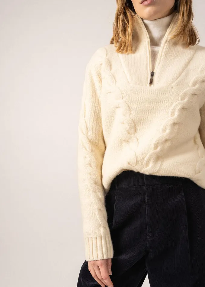 Aberdeen Quarter Zip Trucker Sweater Cable Knit 100 Wool Ivory Women Saint James Breton Sweaters