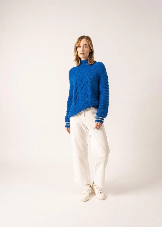 Alpes Mock Neck Cable Sweater Mohair Blend Royalblue Women Saint James Breton Sweaters