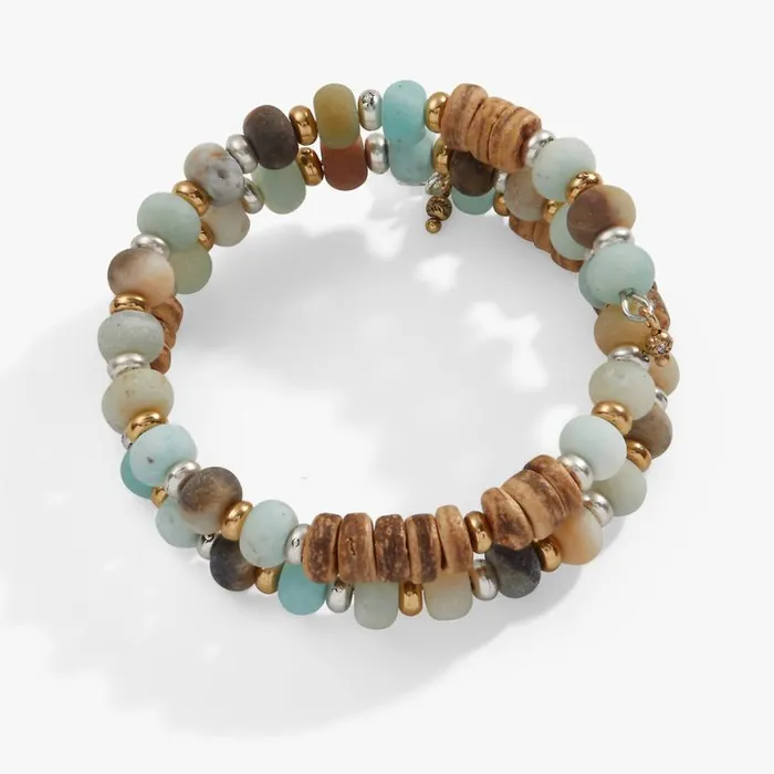 Amazonite Wood Beaded Wrap Bracelet Two Tone Women Alex And Ani Bracelets