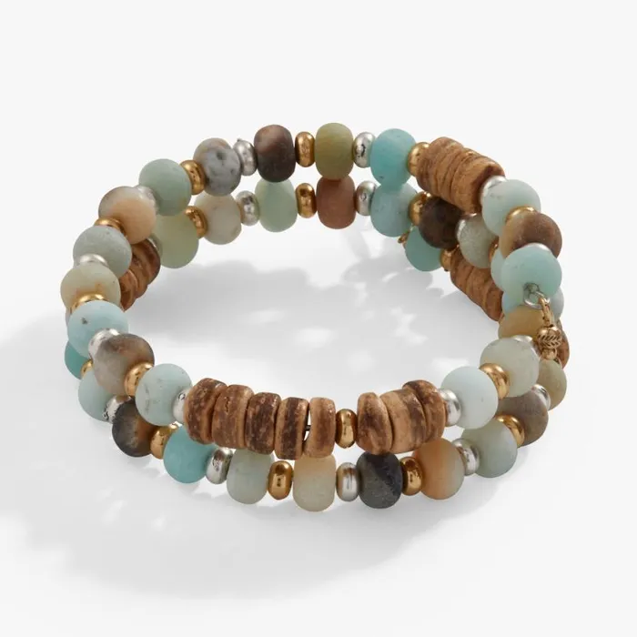 Amazonite Wood Beaded Wrap Bracelet Two Tone Women Alex And Ani Bracelets