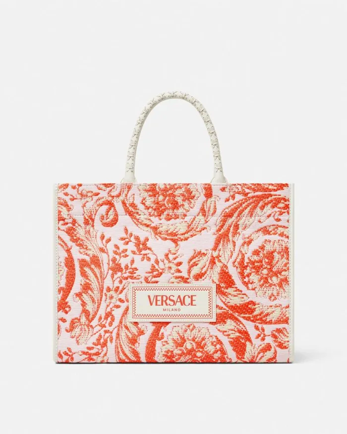 Barocco Athena Raffia Medium Tote Bag Coral WomenMen Versace Totes