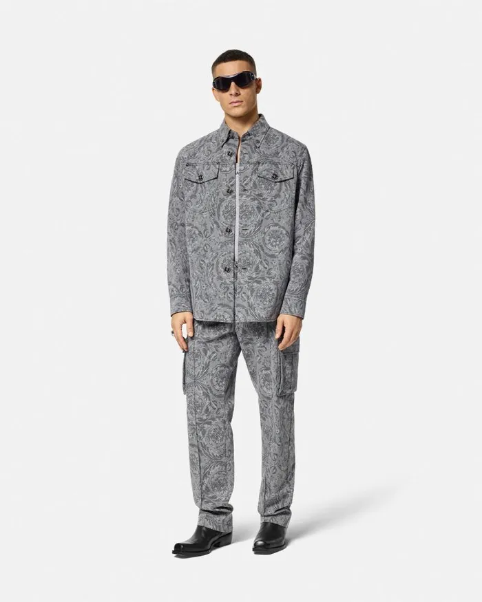 Barocco Jacquard Gabardine Overshirt Gray Men Versace Jackets and Coats