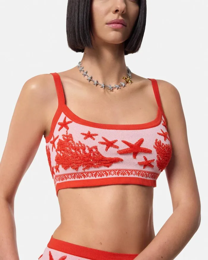 Barocco Sea Knit Crop Top Light Pink Women Versace Shirts and Tops