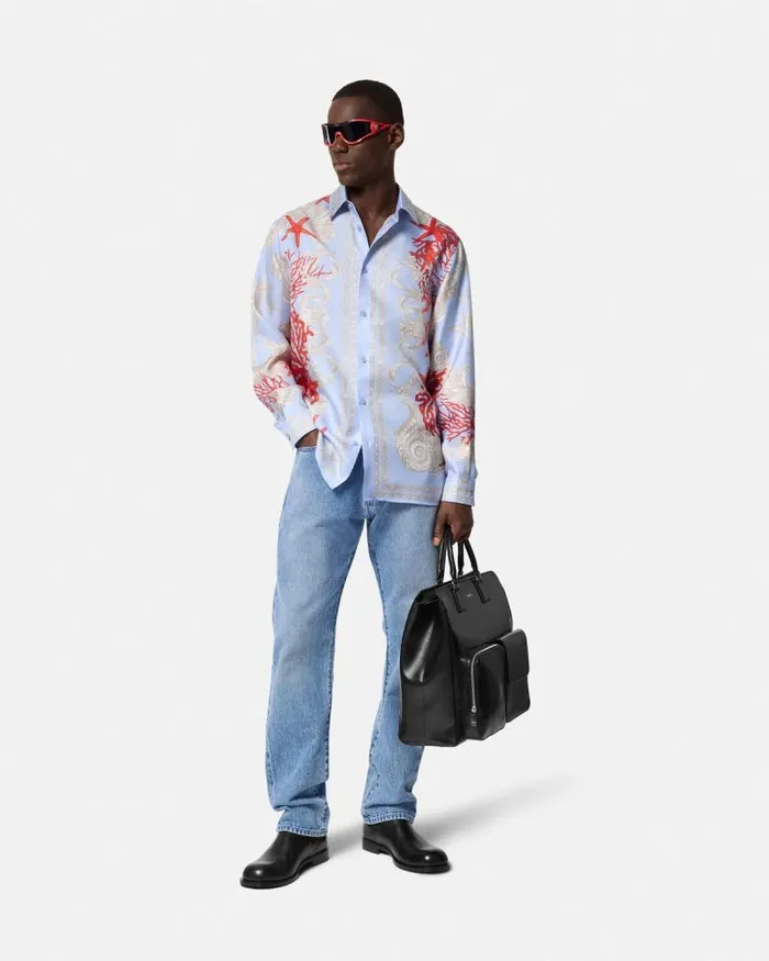 Barocco Sea Silk Shirt Blueprint Men Versace Shirts