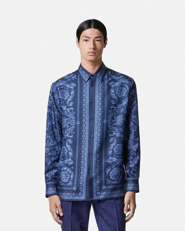 Barocco Silk Shirt Blueprint Men Versace Shirts