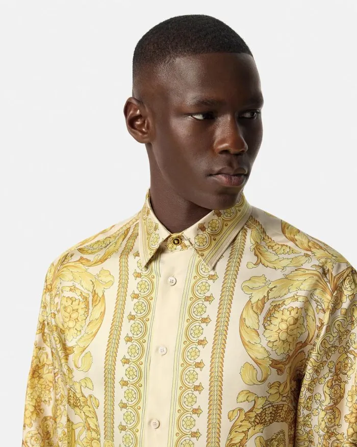 Barocco Silk Shirt Yellowprint Men Versace Shirts