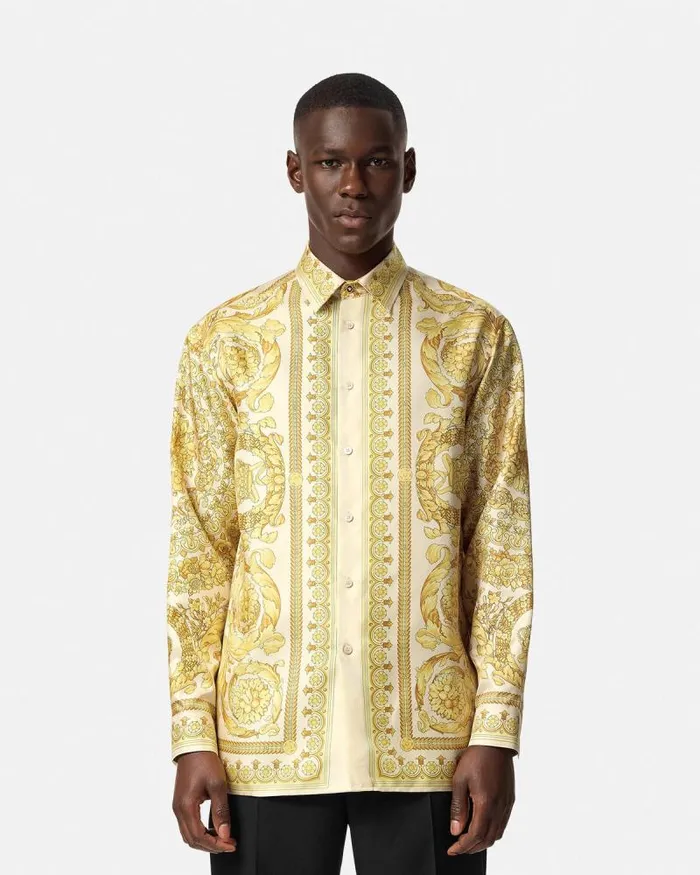 Barocco Silk Shirt Yellowprint Men Versace Shirts