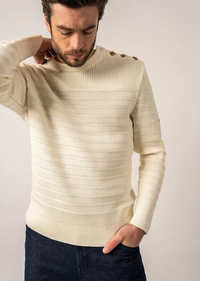 Binic Cap Striped Breton Sweater ToneOnTone Stripes Soft Wool Ivory Men Saint James Aw24