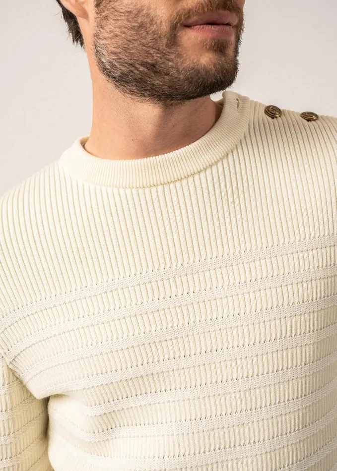 Binic Cap Striped Breton Sweater ToneOnTone Stripes Soft Wool Ivory Men Saint James Aw24