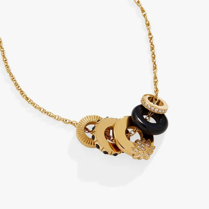 Black Onyx Lotus Charm Necklace Stainless Steel Gold Women Alex And Ani Growth New Beginnings