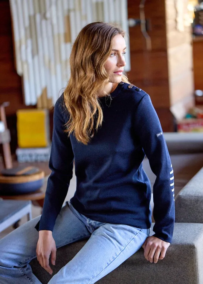 Bregancon Breton Sweater With Jacquard Elbow Patch Navy Women Saint James Breton Sweaters