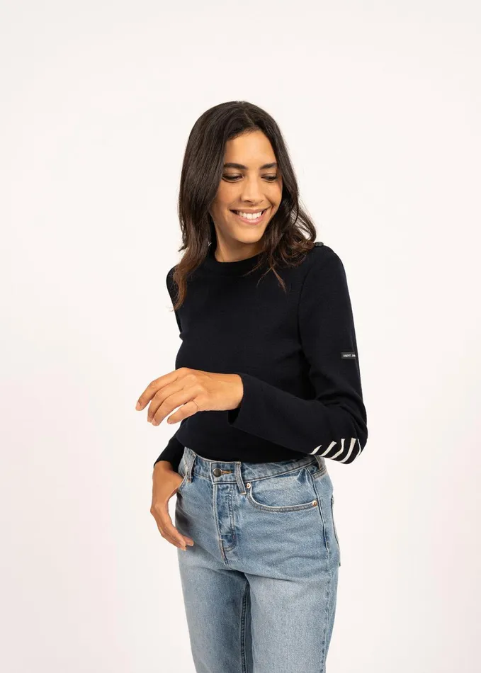 Bregancon Breton Sweater With Jacquard Elbow Patch Navy Women Saint James Breton Sweaters
