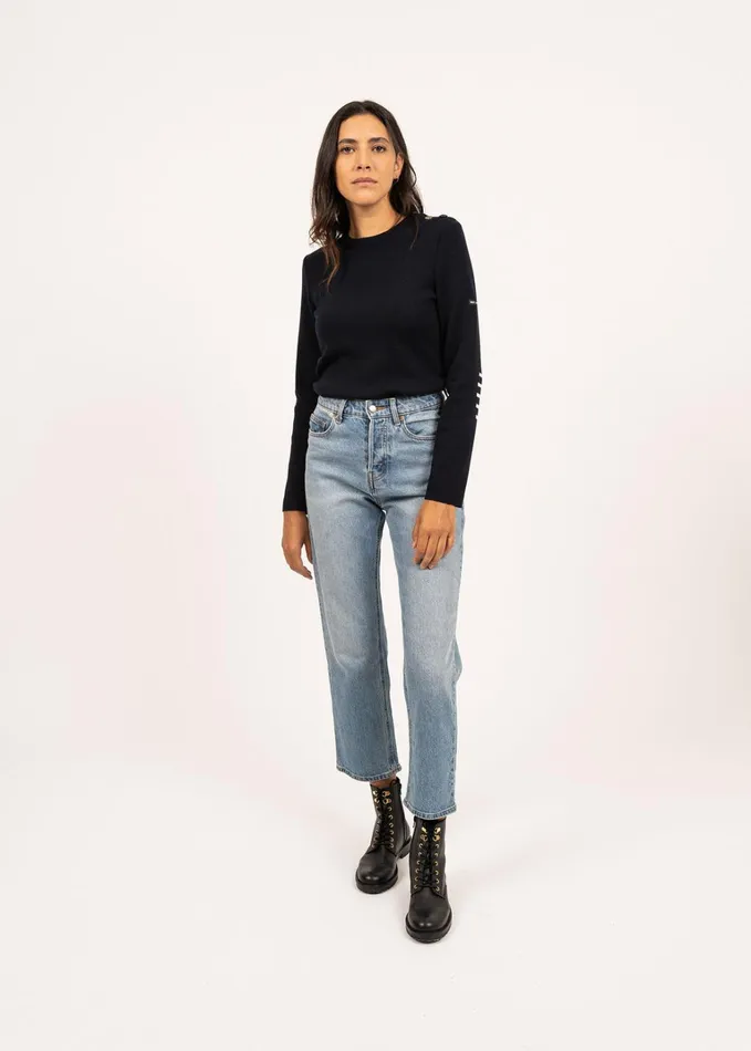 Bregancon Breton Sweater With Jacquard Elbow Patch Navy Women Saint James Breton Sweaters