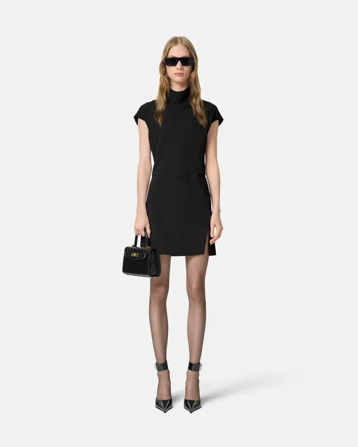 Cady DrapedNeck Slit Mini Dress Black Women Versace Dresses