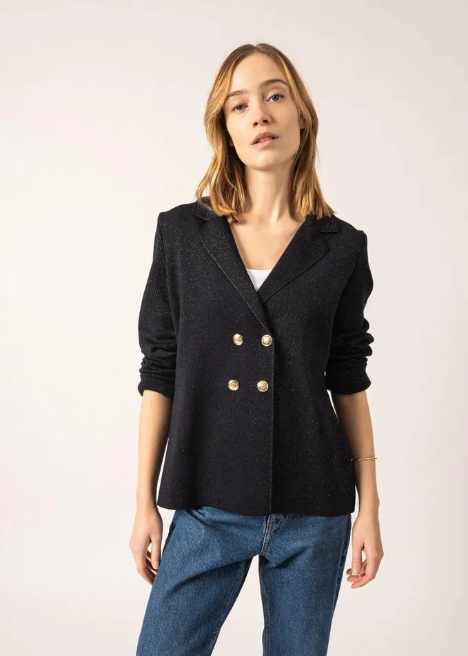Charente Ii Lurex Wool Lurex Blazer With Gold Buttons Navychampagne Women Saint James Sweaters Cardigans and Jackets