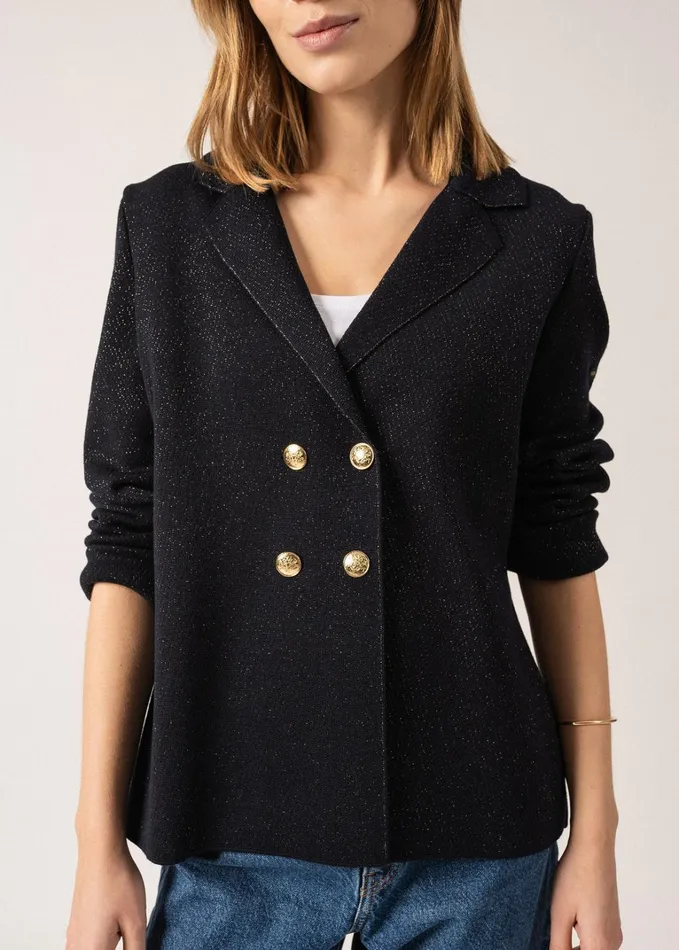 Charente Ii Lurex Wool Lurex Blazer With Gold Buttons Navychampagne Women Saint James Sweaters Cardigans and Jackets