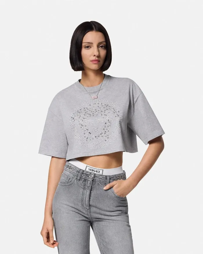 Crystal Medusa Crop Boxy TShirt Gray Women Versace TShirts and Sweatshirts