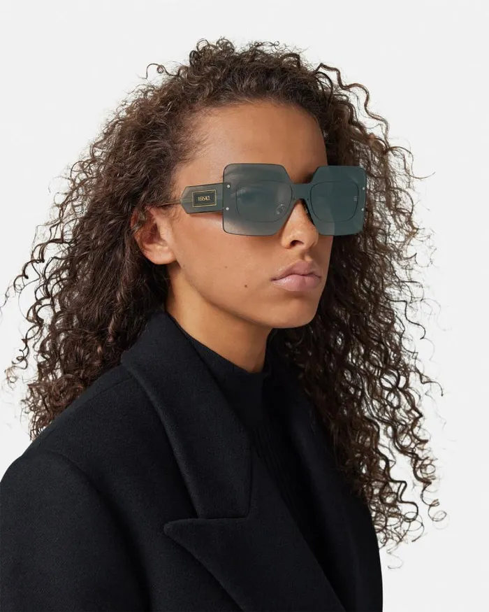 Damier Plaque Squared Shield Sunglasses Blackgold Women Versace Sunglasses