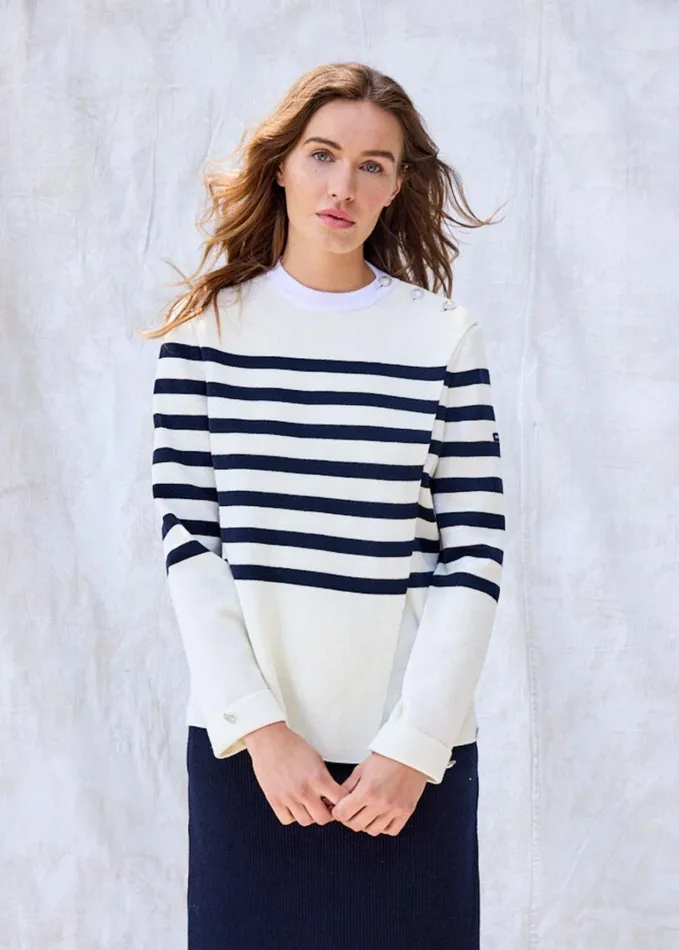 Docks Striped Wool FoldOver Sweater By Romain Brifault Ivorynavy Women Saint James Sweaters Cardigans and Jackets