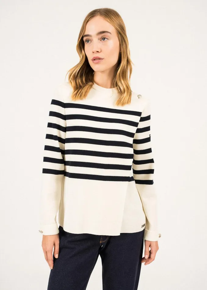 Docks Striped Wool FoldOver Sweater By Romain Brifault Ivorynavy Women Saint James Sweaters Cardigans and Jackets