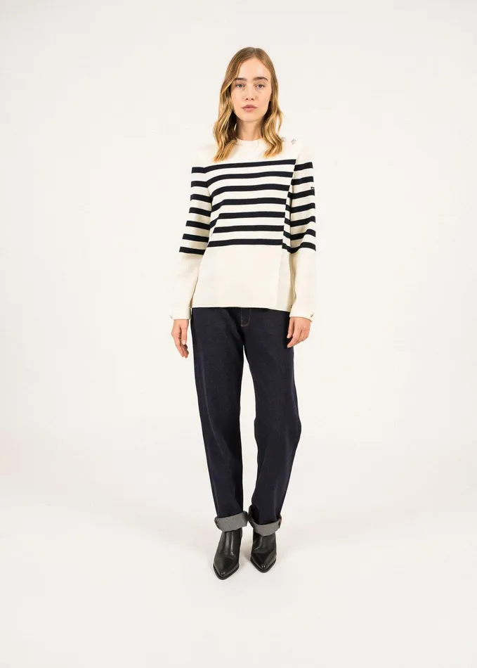 Docks Striped Wool FoldOver Sweater By Romain Brifault Ivorynavy Women Saint James Sweaters Cardigans and Jackets