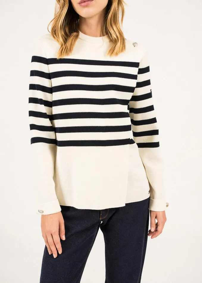 Docks Striped Wool FoldOver Sweater By Romain Brifault Ivorynavy Women Saint James Sweaters Cardigans and Jackets