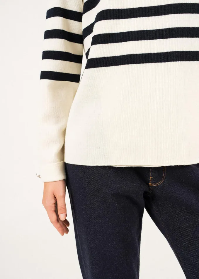 Docks Striped Wool FoldOver Sweater By Romain Brifault Ivorynavy Women Saint James Sweaters Cardigans and Jackets