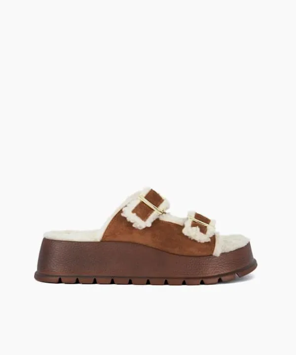 Dune London Flat Sandals Lazio Tan Faux Shearling Lined Suede Double Strap Sandals Dune London Brown 8211 Women