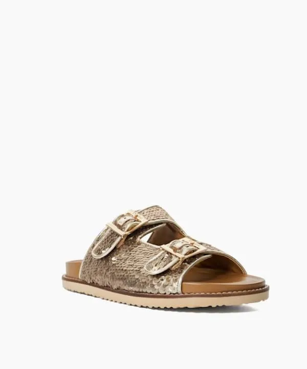 Dune London Flat Sandals Lequin Gold Two Strap Sequin Sandals Dune London Metallic 8211 Women