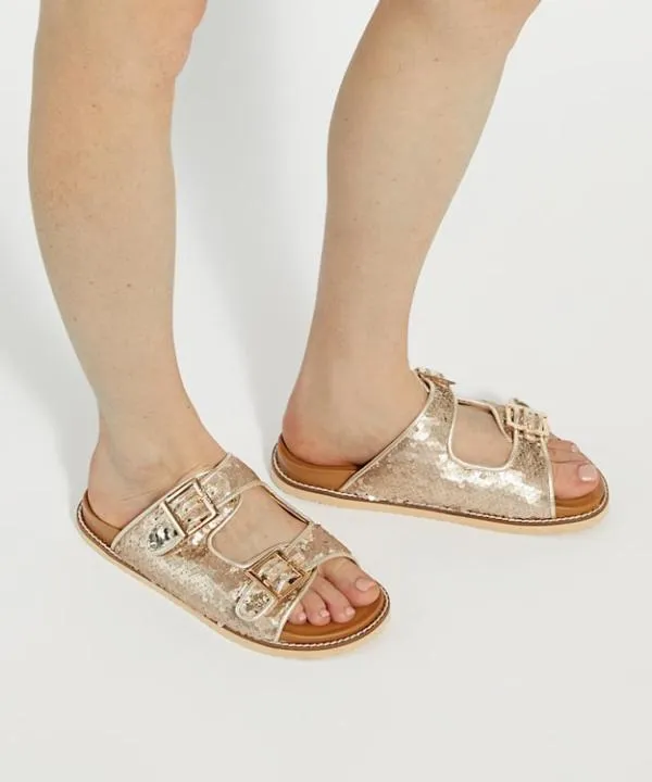 Dune London Flat Sandals Lequin Gold Two Strap Sequin Sandals Dune London Metallic 8211 Women