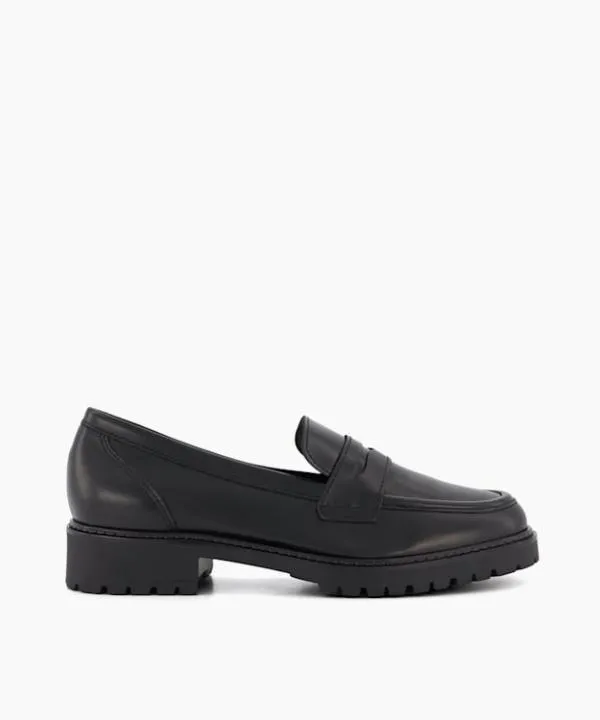 Dune London Flat Shoes Gild Black CleatedSole Leather PennyTrim Loafers Dune London Black 8211 Women