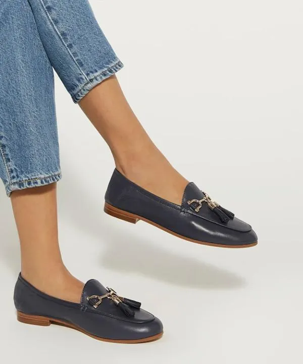 Dune London Flat Shoes Graysons Navy Leather Tassel Trimmed Loafers Dune London Blue 8211 Women