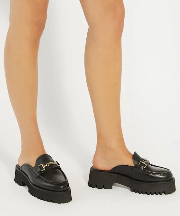 Dune London Flat Shoes Gridlock Black Chunky Branded Snaffle Trim Backless Loafer Dune London Black 8211 Women