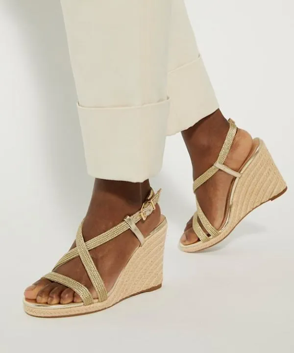 Dune London Heeled Sandals Keylas Gold Embellished Raffia Wedge Dune London Metallic 8211 Women