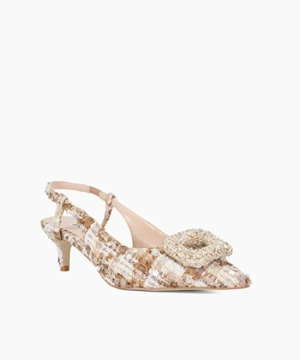 Dune London Heels Centrepiece Beige Boucle Brooch Detail Kitten Heel Slingback Dune London Neutral 8211 Women
