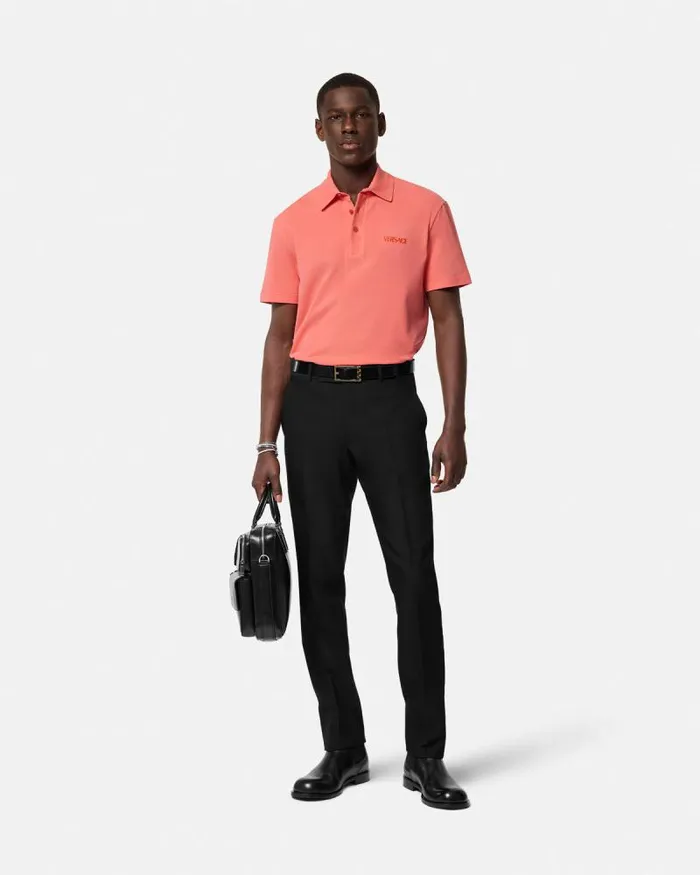 Embroidered Logo Polo Shirt Coral Men Versace TShirts and Polos