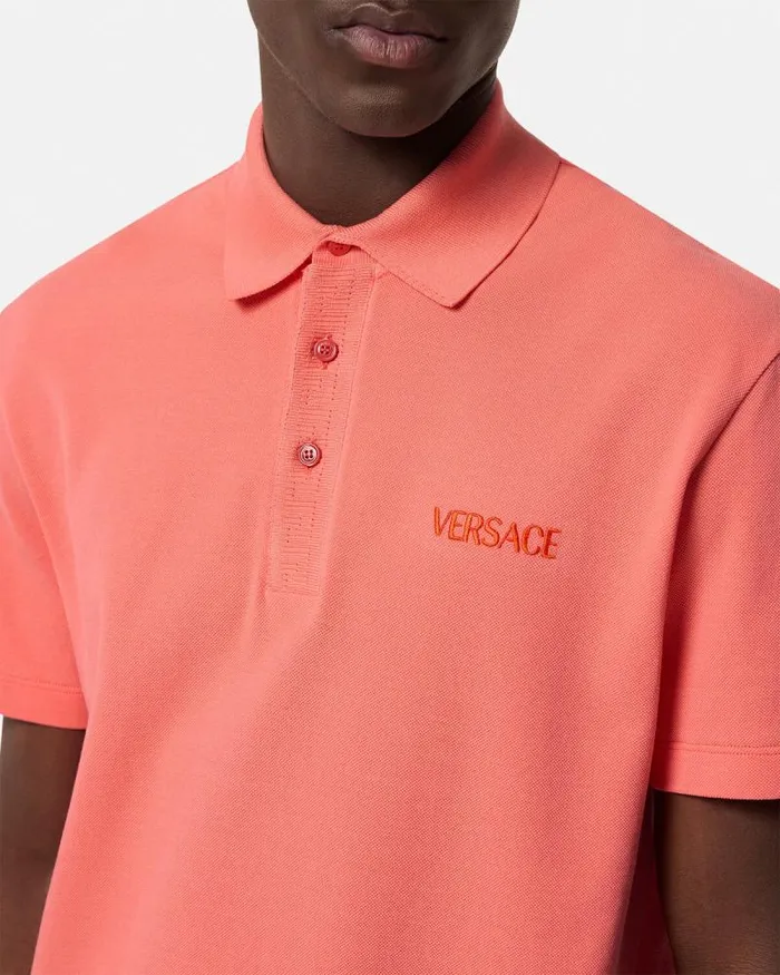 Embroidered Logo Polo Shirt Coral Men Versace TShirts and Polos