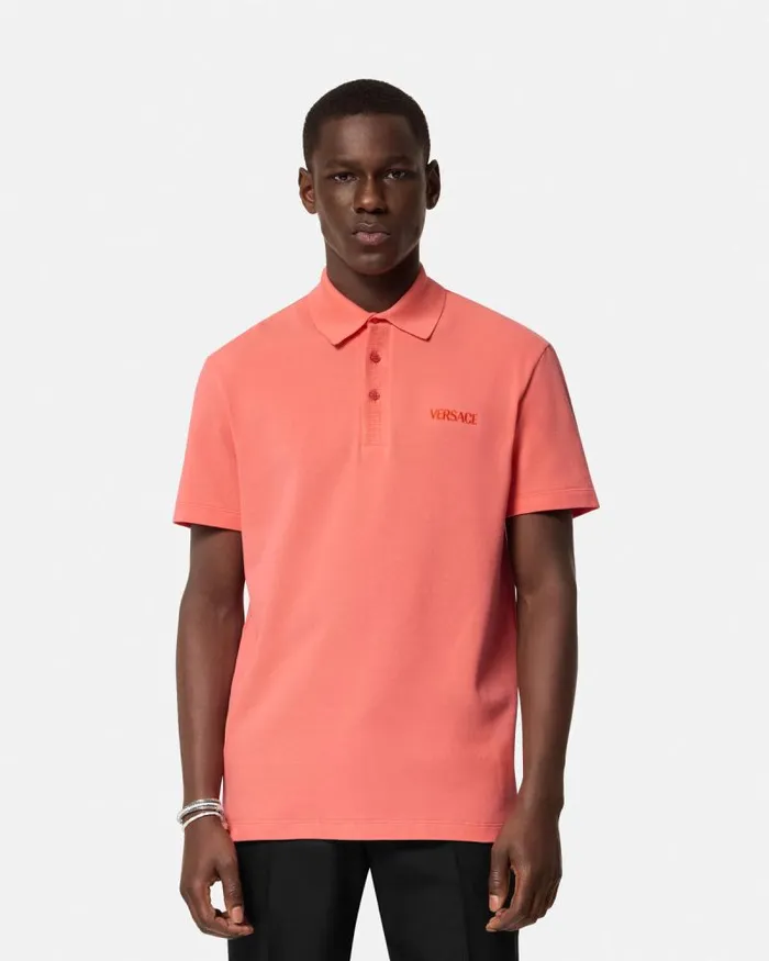 Embroidered Logo Polo Shirt Coral Men Versace TShirts and Polos