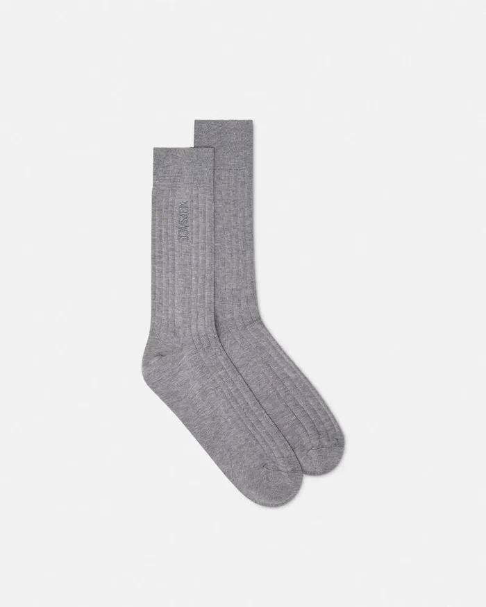Embroidered Ribbed Logo Socks Gray Men Versace Socks