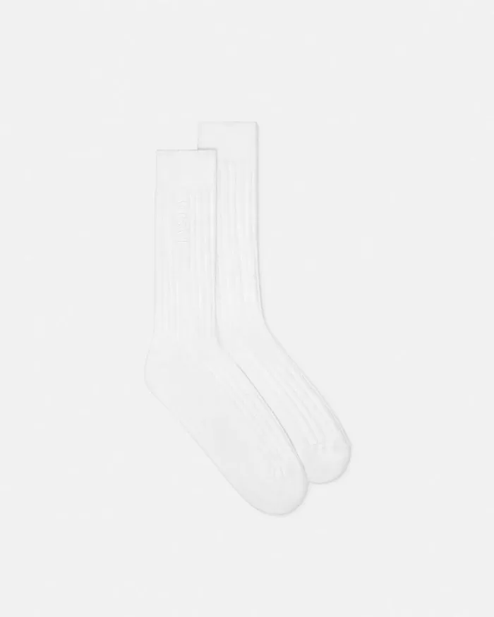 Embroidered Ribbed Logo Socks White Men Versace Socks