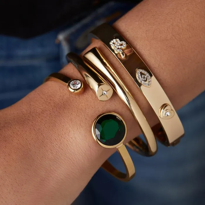 Emerald Crystal Hinge Cuff Bracelet Stainless Steel Gold Women Alex And Ani Luck Prosperity