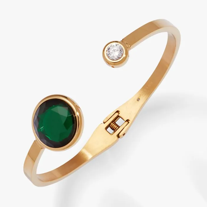 Emerald Crystal Hinge Cuff Bracelet Stainless Steel Gold Women Alex And Ani Luck Prosperity