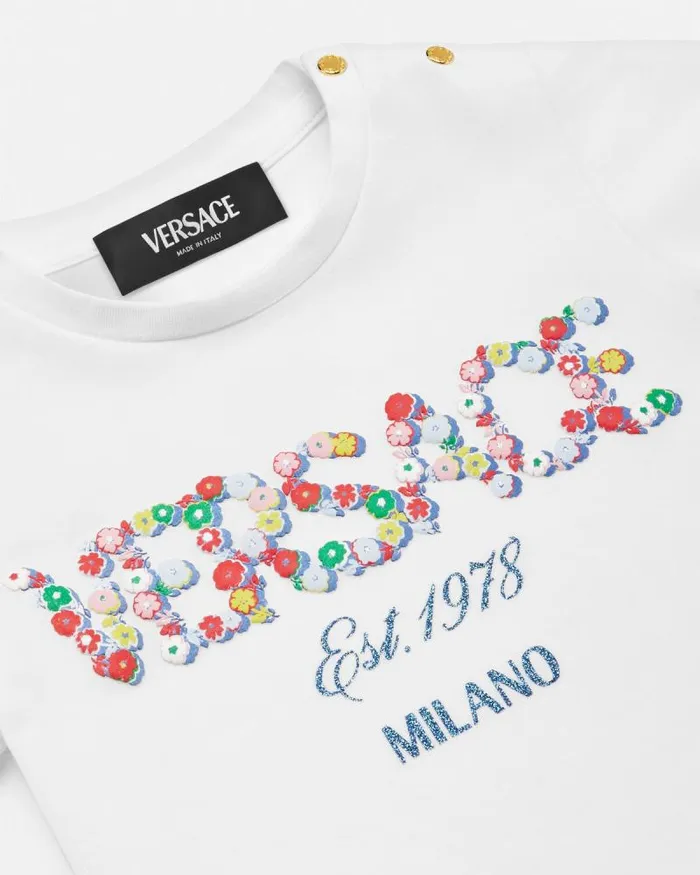 Falling Flowers Logo Baby TShirt Whiteprint Children Versace Clothing