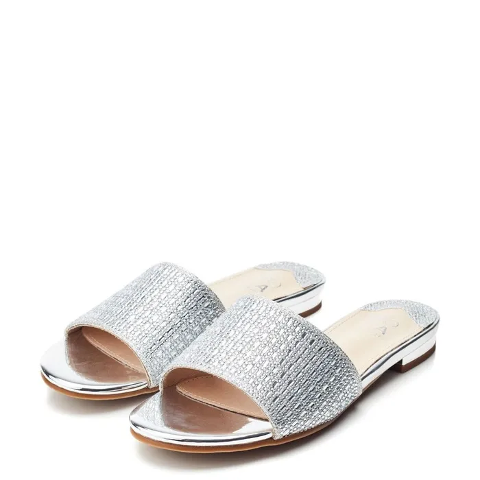 Flat Sandals Women Moda In Pelle Omiley Silver Textile