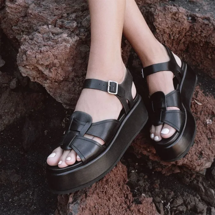 Flatform Sandals Women Moda In Pelle Pippaa Black Leather