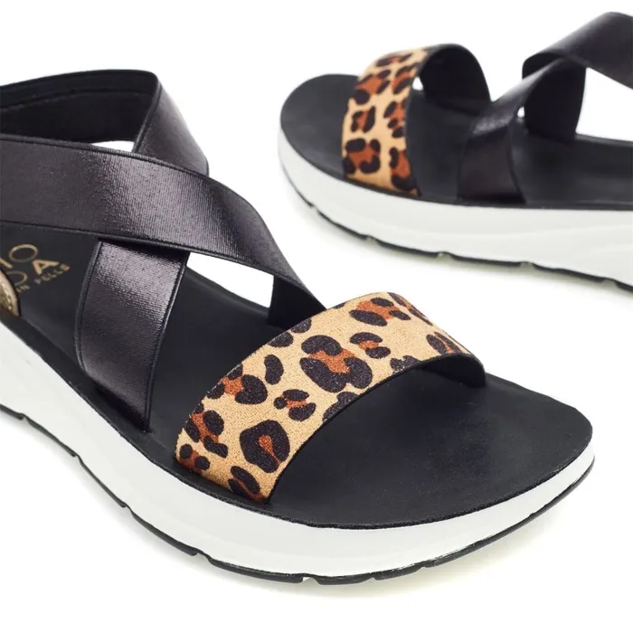 Flatform Sandals Women Moda In Pelle Rosanne Black Mini Leop Print Porvair