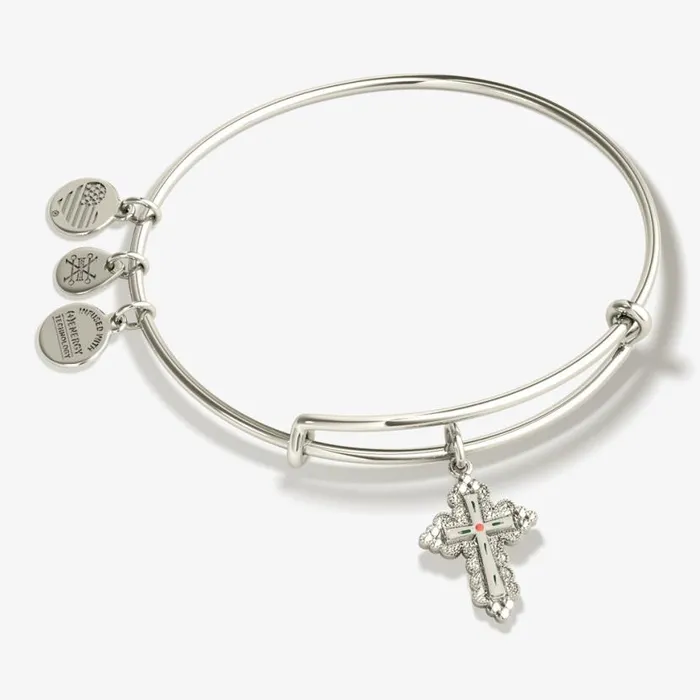 Floral Cross Charm Bangle Bracelet Silver Women Alex And Ani Flower